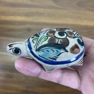 Vintage Tonala Mexican Gazed Clay Turtle Hand Painted‎ Figurine  Signed